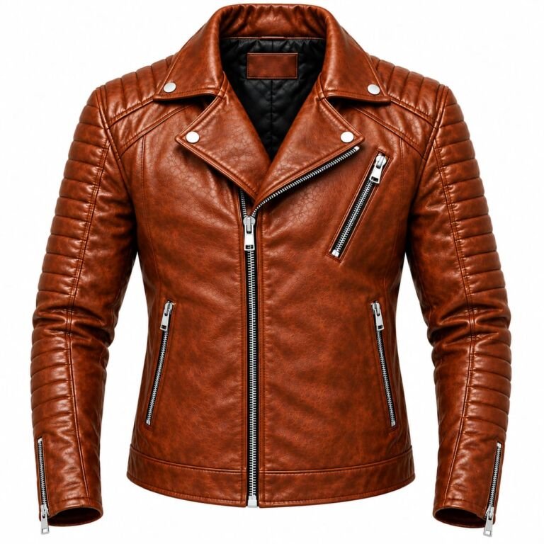 Men's brown quilted biker leather jacket with padded shoulders and sleeves, asymmetrical zip closure, lapel collar, and multiple zippered pockets on a white background.