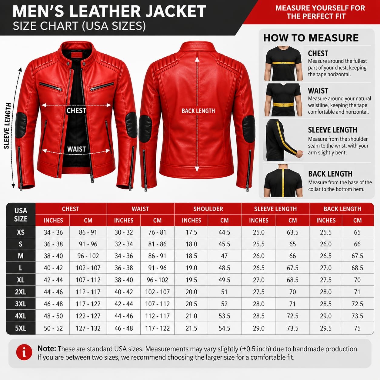 Red leather biker jacket with black elbow patches, quilted shoulders and zippered cuffs