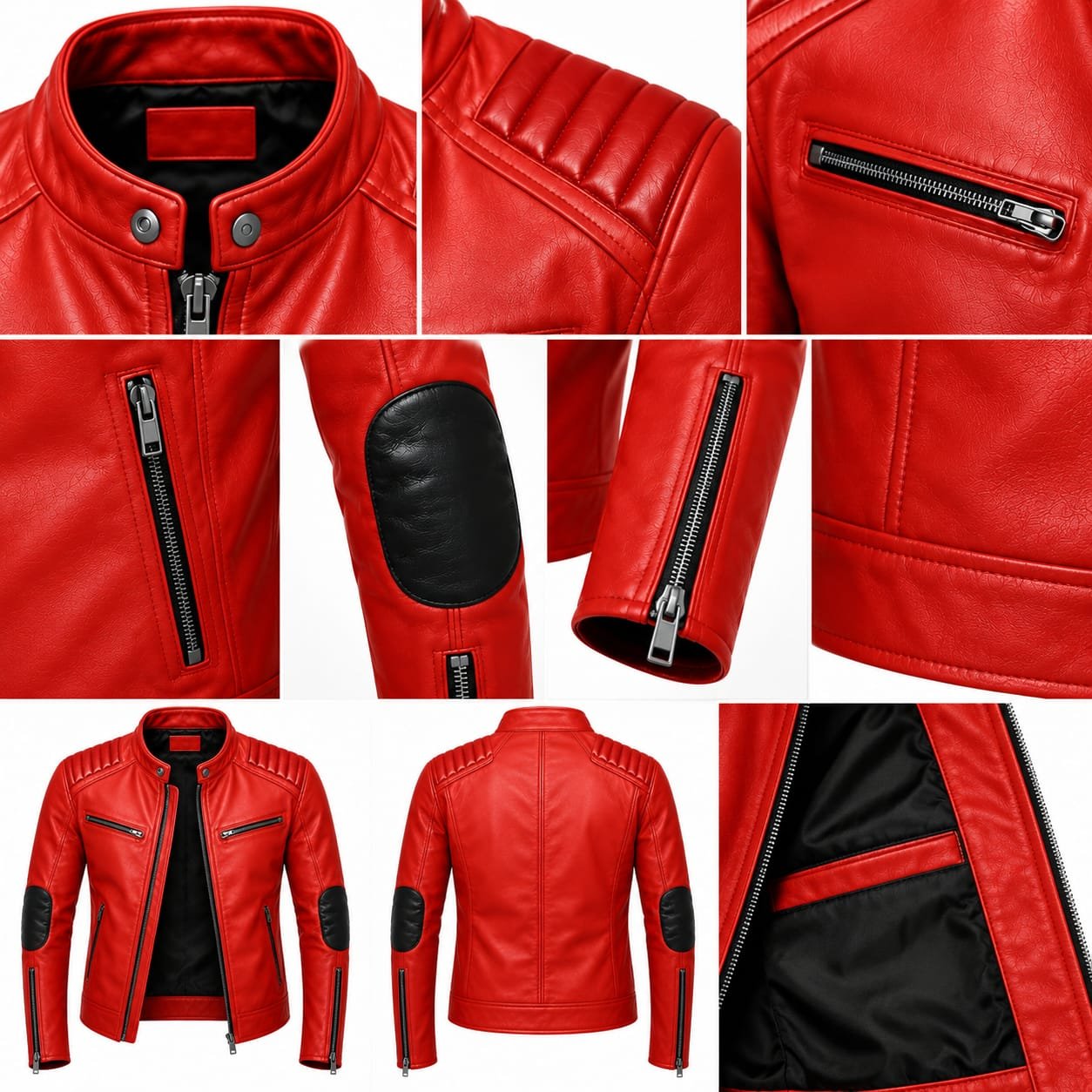 Red leather biker jacket with black elbow patches, quilted shoulders and zippered cuffs