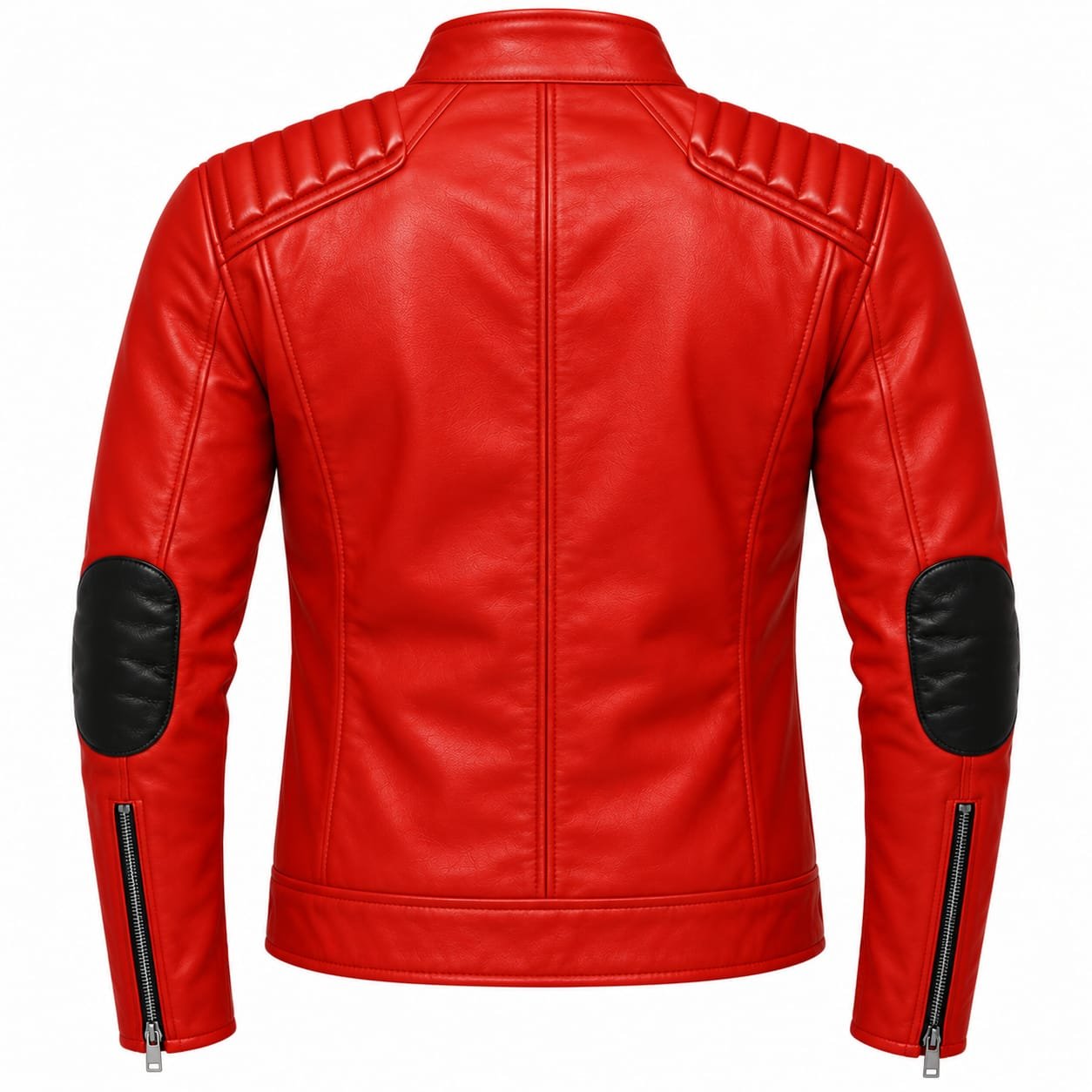 Red leather biker jacket with black elbow patches, quilted shoulders and zippered cuffs