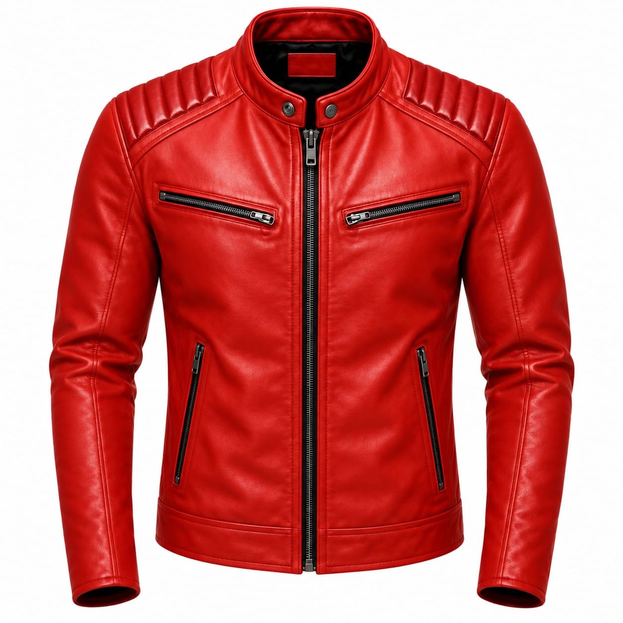 Red leather biker jacket with black elbow patches, quilted shoulders and zippered cuffs