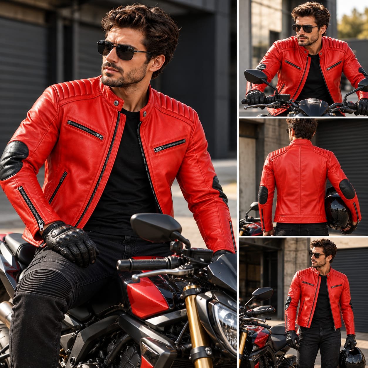 Red leather biker jacket with black elbow patches, quilted shoulders and zippered cuffs