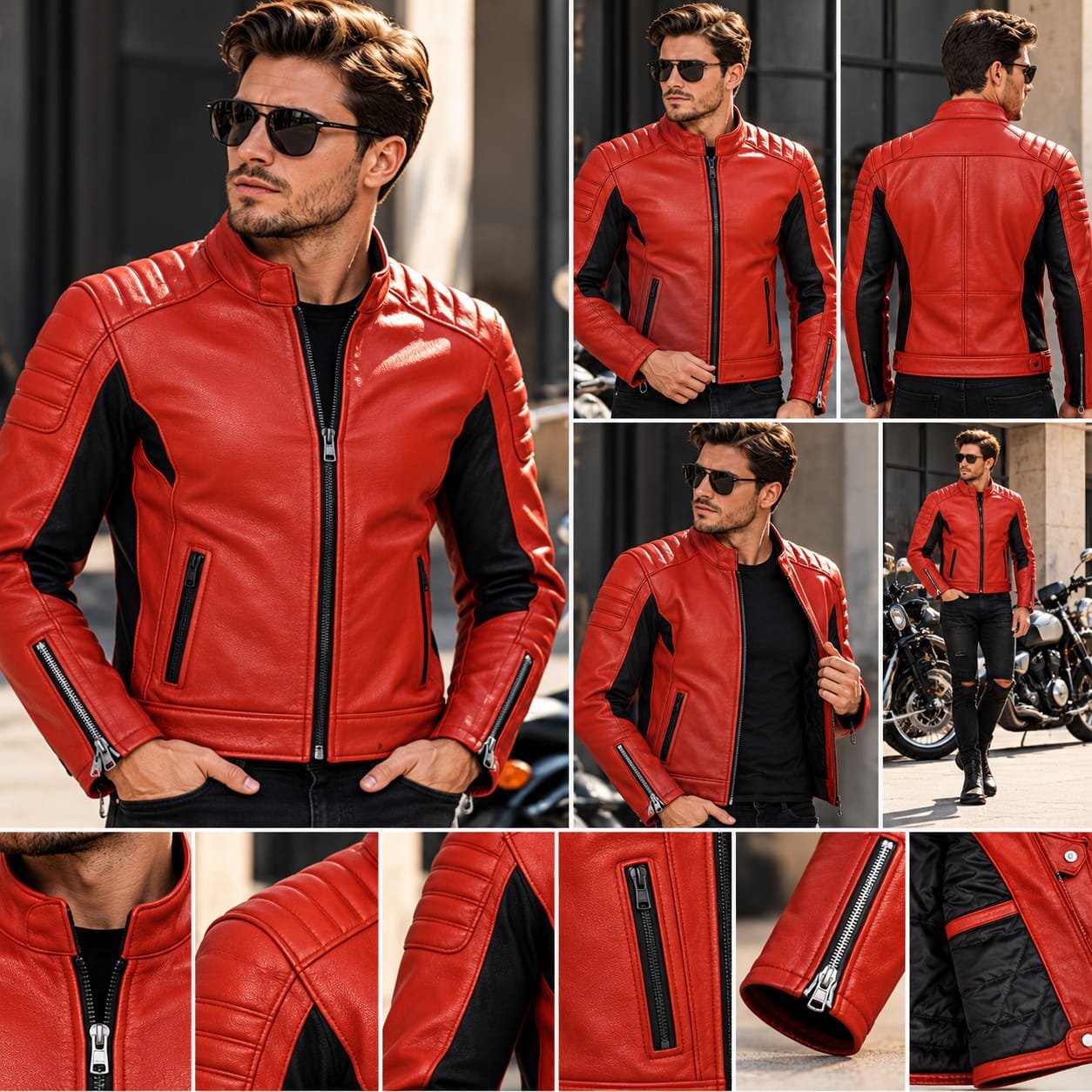 Men’s red leather motorcycle jacket with black side panels, quilted shoulders, zippered pockets, and zippered cuffs.