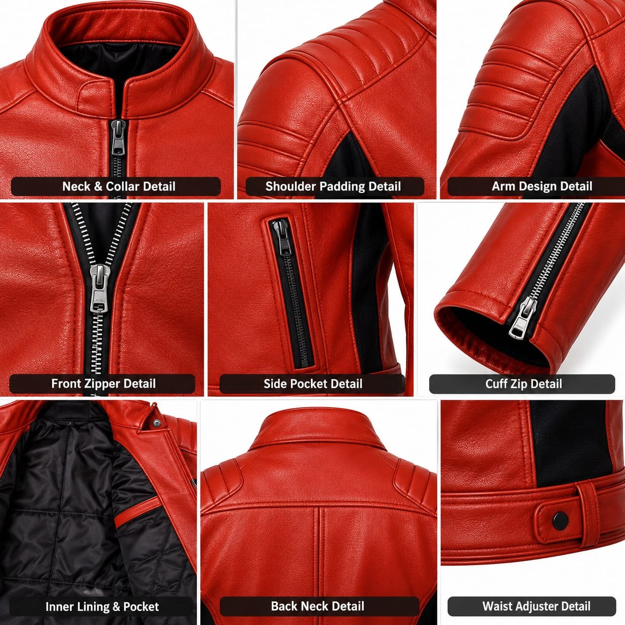 Men’s red leather motorcycle jacket with black side panels, quilted shoulders, zippered pockets, and zippered cuffs.