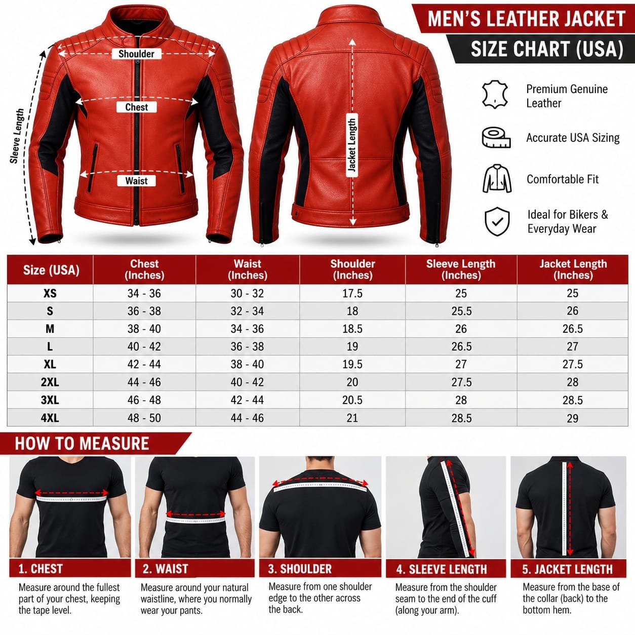 Men’s red leather motorcycle jacket with black side panels, quilted shoulders, zippered pockets, and zippered cuffs.