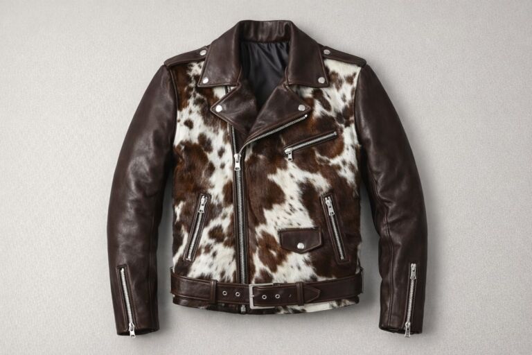 Brown leather biker jacket with cowhide fur front panel and asymmetrical zipper