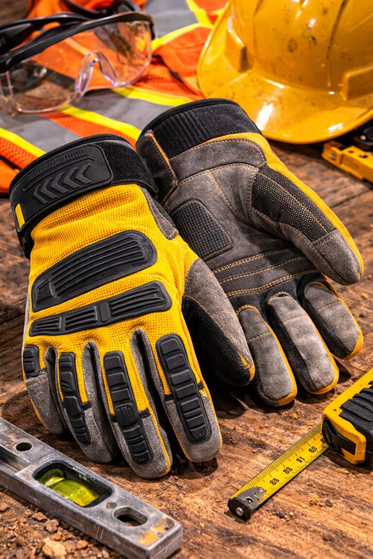 Yellow and black safety work gloves with reinforced knuckle protection and grip palm