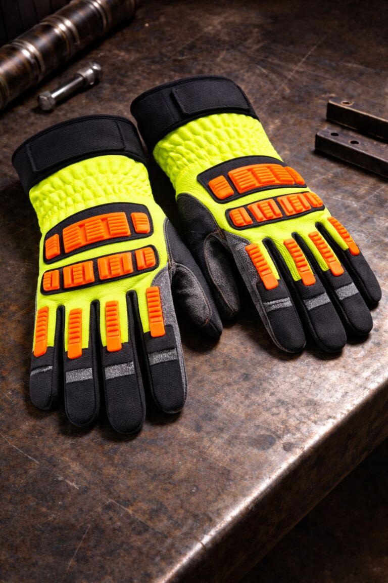 High-visibility impact protection safety gloves with TPR knuckle guards and reinforced grip
