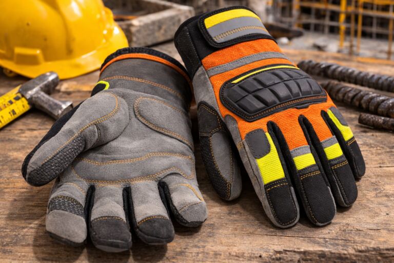 Orange and black high visibility safety gloves with reinforced knuckle protection and grip palm