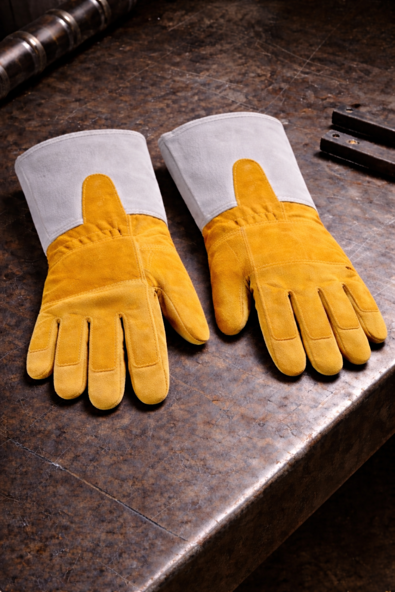 Yellow cowhide leather welding gloves with extended cuff for heat and spark protection