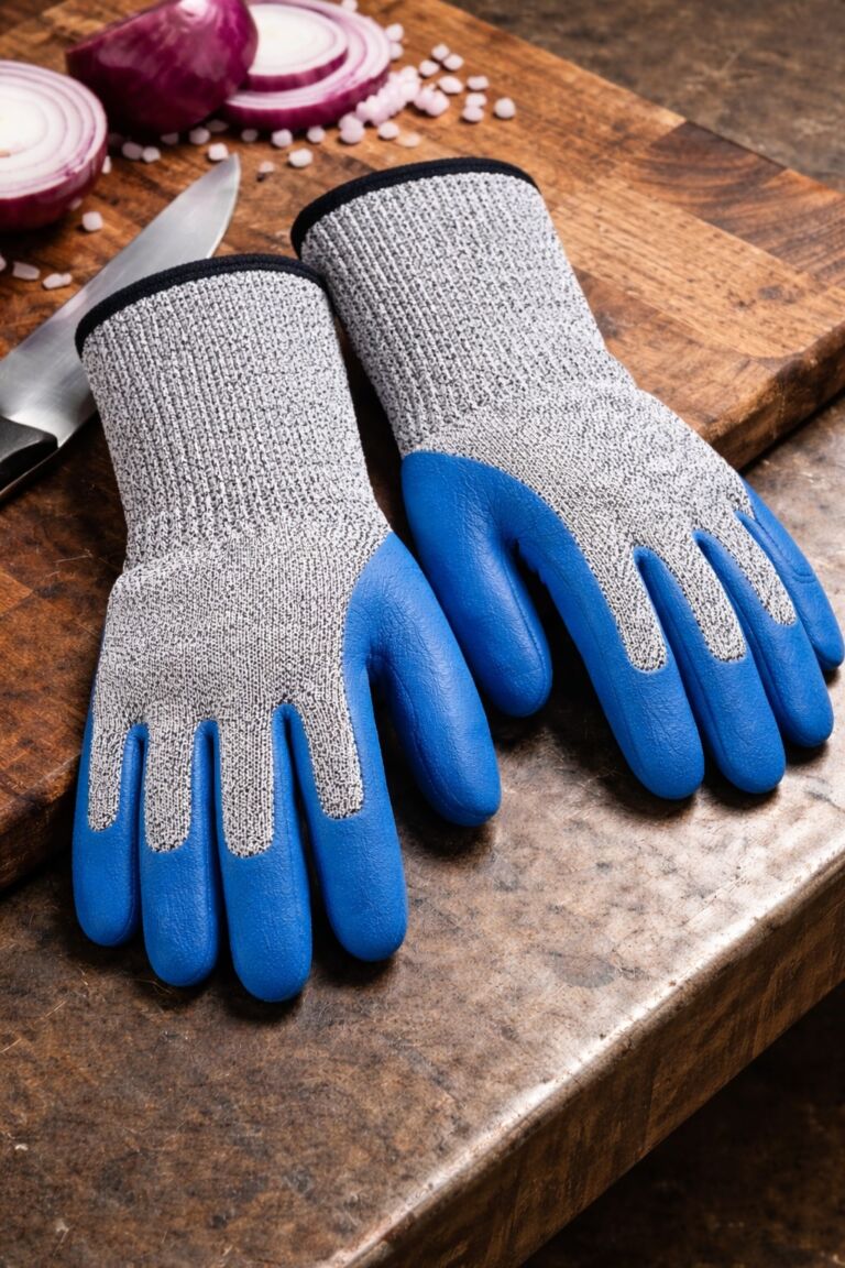 Cut-resistant kitchen safety gloves with blue nitrile coating and anti-slip grip