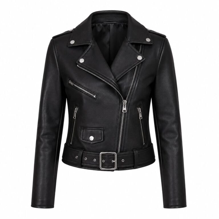 Women’s black leather biker jacket