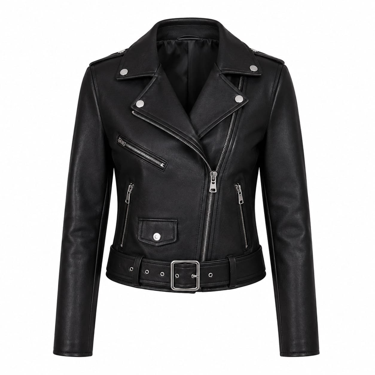 Women’s black leather biker jacket