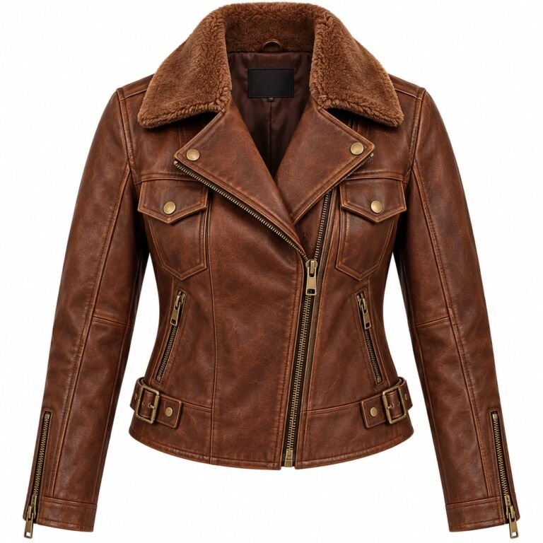 Brown distressed leather biker jacket with shearling collar, double chest pockets, zip details and belted waist
