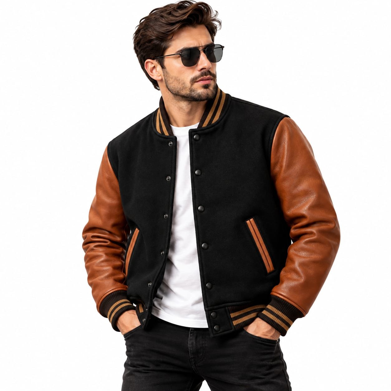 Black and brown leather varsity bomber jacket with striped ribbed collar, cuffs, waistband, snap-button front, and two angled leather-trimmed pockets on a white background.