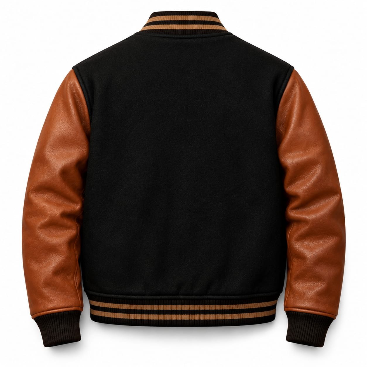 Black and brown leather varsity bomber jacket with striped ribbed collar, cuffs, waistband, snap-button front, and two angled leather-trimmed pockets on a white background.