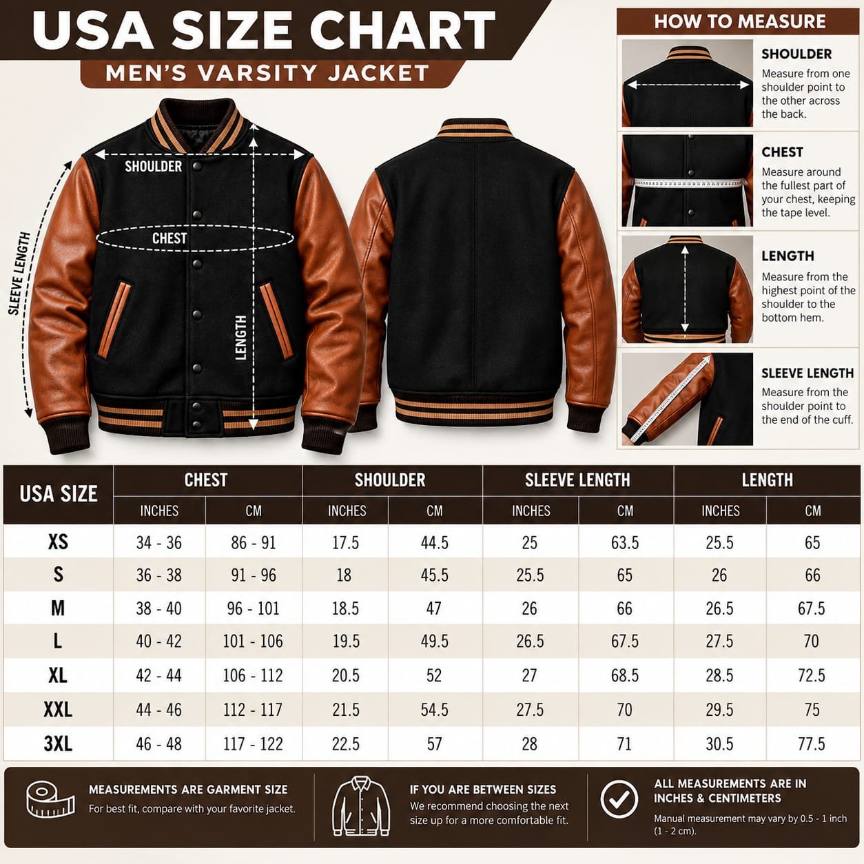 Black and brown leather varsity bomber jacket with striped ribbed collar, cuffs, waistband, snap-button front, and two angled leather-trimmed pockets on a white background.