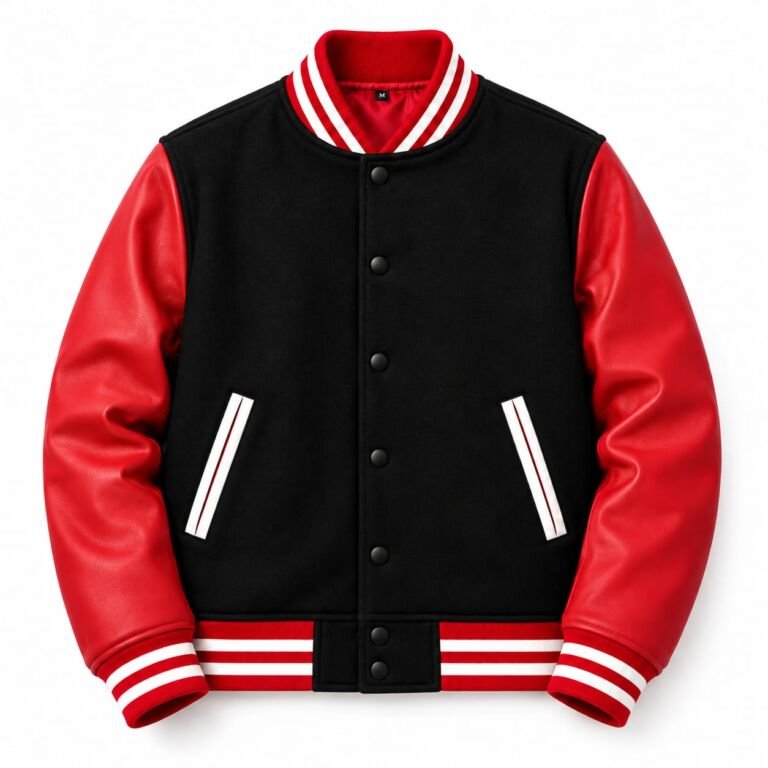 Black and red leather varsity jacket with white striped ribbed collar, cuffs, waistband, snap-button front, and angled pockets