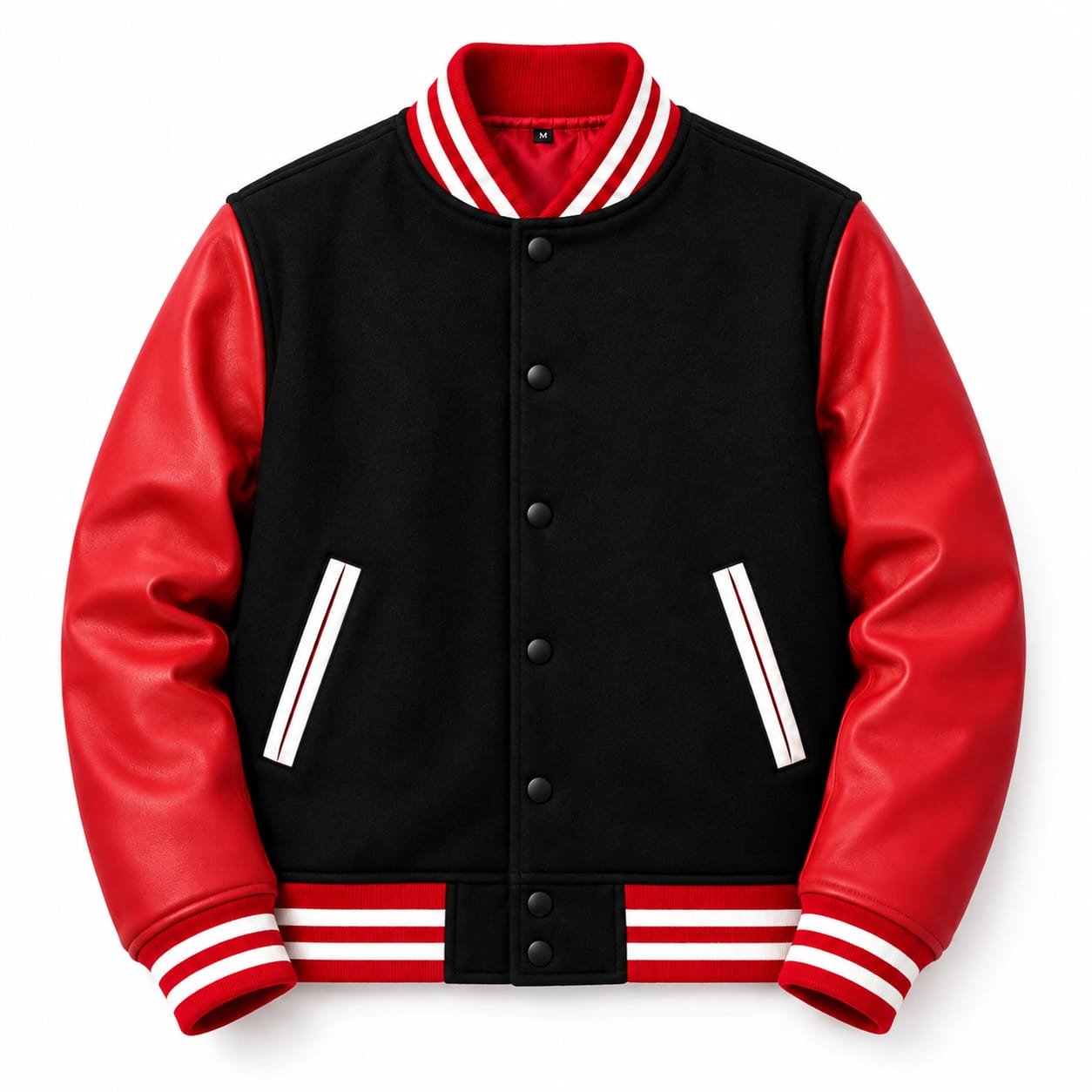 Black and red leather varsity jacket with white striped ribbed collar, cuffs, waistband, snap-button front, and angled pockets
