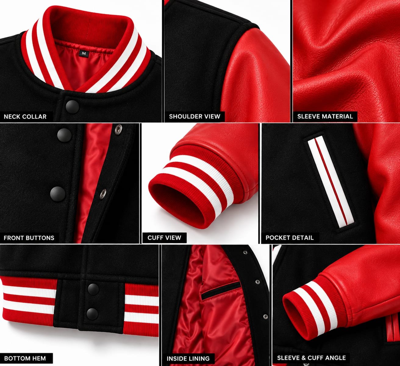 Black and Red Leather Varsity Jacket | Classic Letterman Bomber Jacket - Image 4