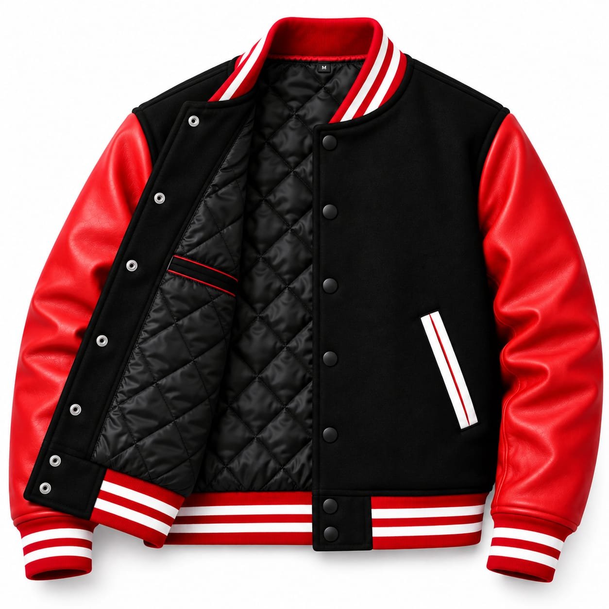 Black and Red Leather Varsity Jacket | Classic Letterman Bomber Jacket - Image 3