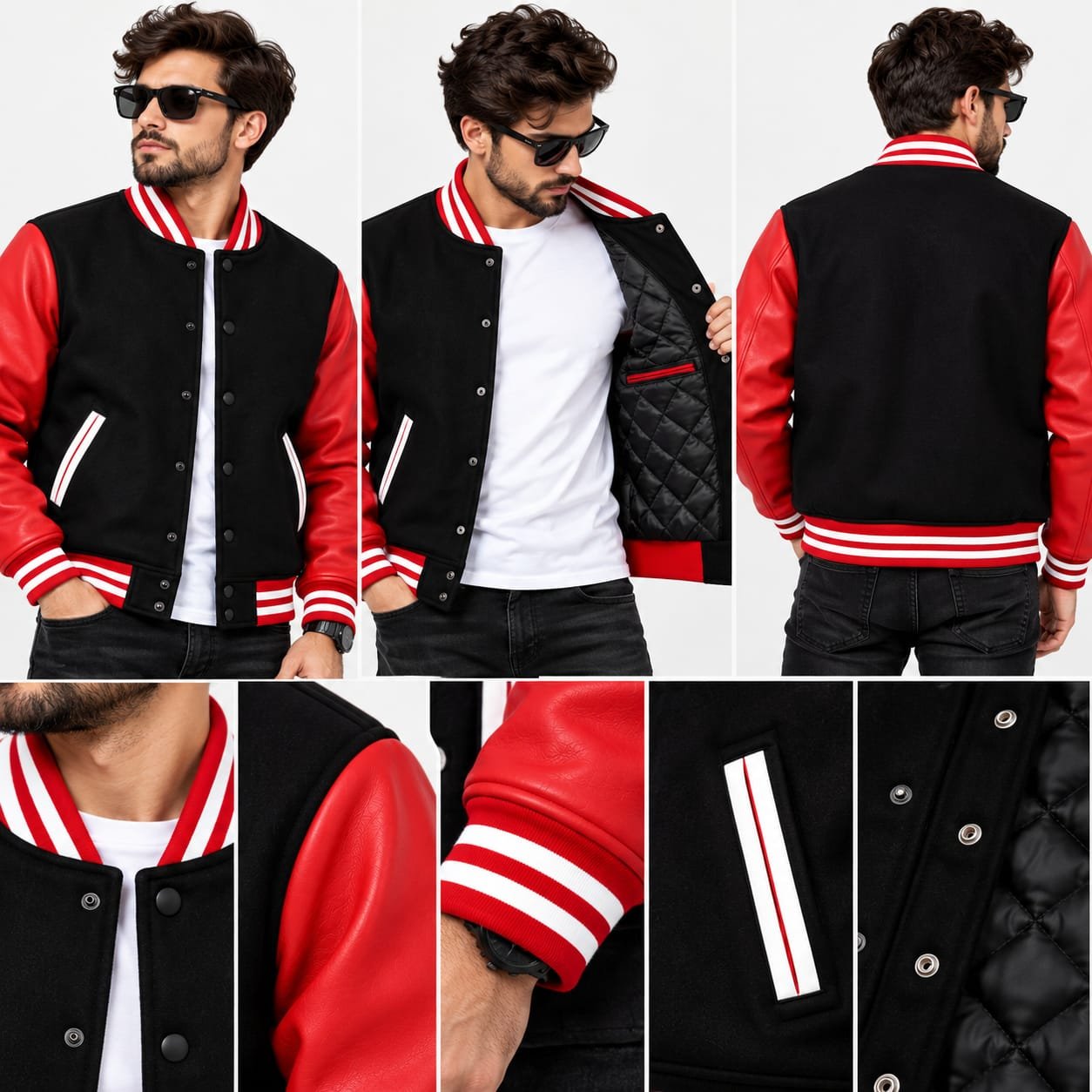Black and red leather varsity jacket with white striped ribbed collar, cuffs, waistband, snap-button front, and angled pockets