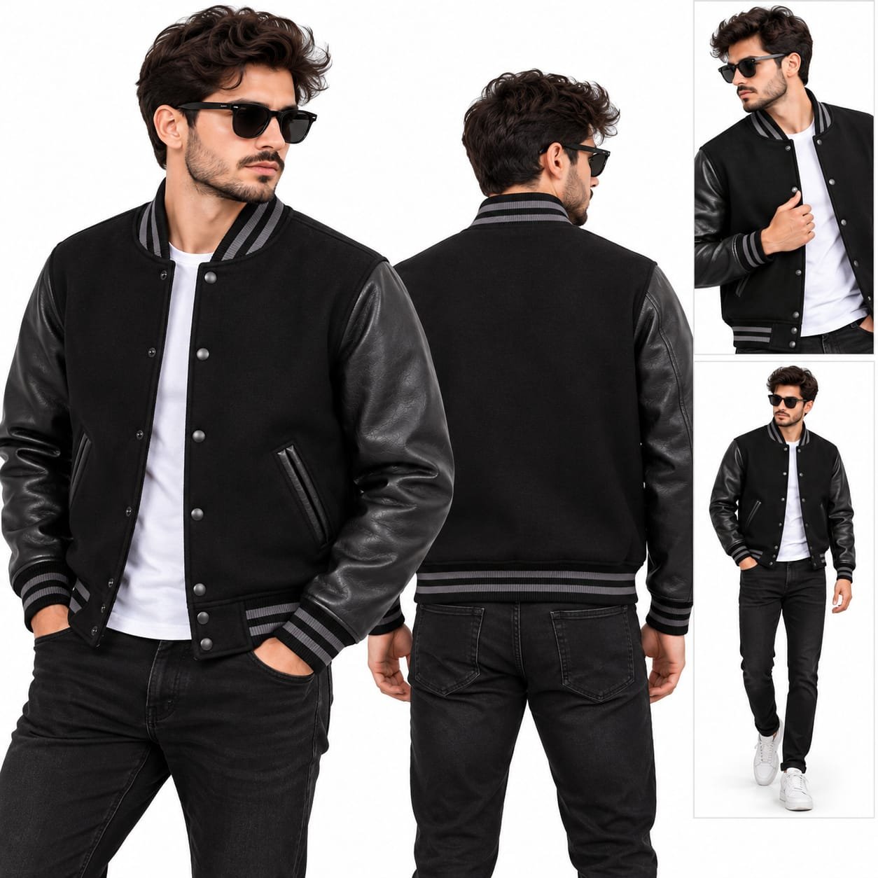 Black Varsity Wool and Leather Jacket with Striped Trim - Image 4