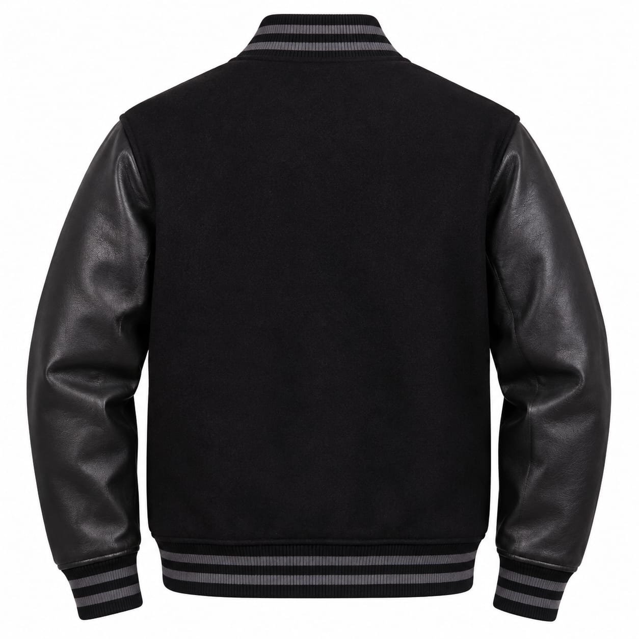 Black leather varsity jacket with black wool body, leather sleeves, gray striped ribbed collar, cuffs and waistband, snap-button front, and angled leather-trimmed pockets