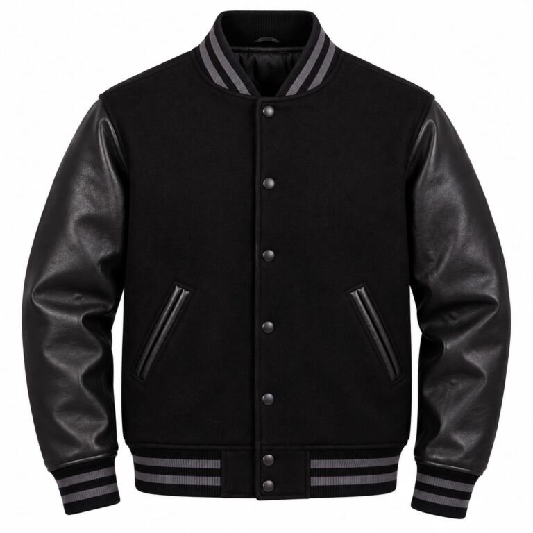 Black leather varsity jacket with black wool body, leather sleeves, gray striped ribbed collar, cuffs and waistband, snap-button front, and angled leather-trimmed pockets