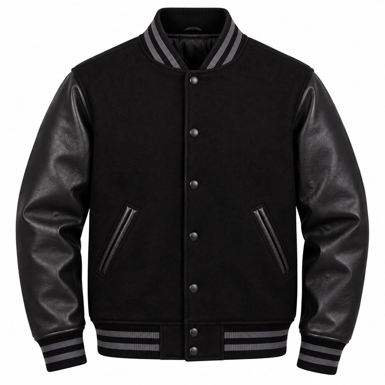Black leather varsity jacket with black wool body, leather sleeves, gray striped ribbed collar, cuffs and waistband, snap-button front, and angled leather-trimmed pockets