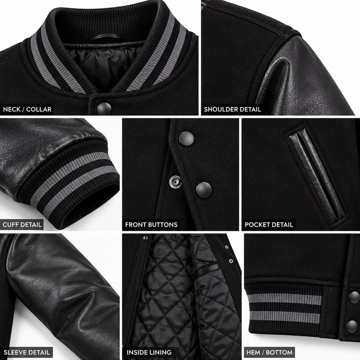 Black leather varsity jacket with black wool body, leather sleeves, gray striped ribbed collar, cuffs and waistband, snap-button front, and angled leather-trimmed pockets