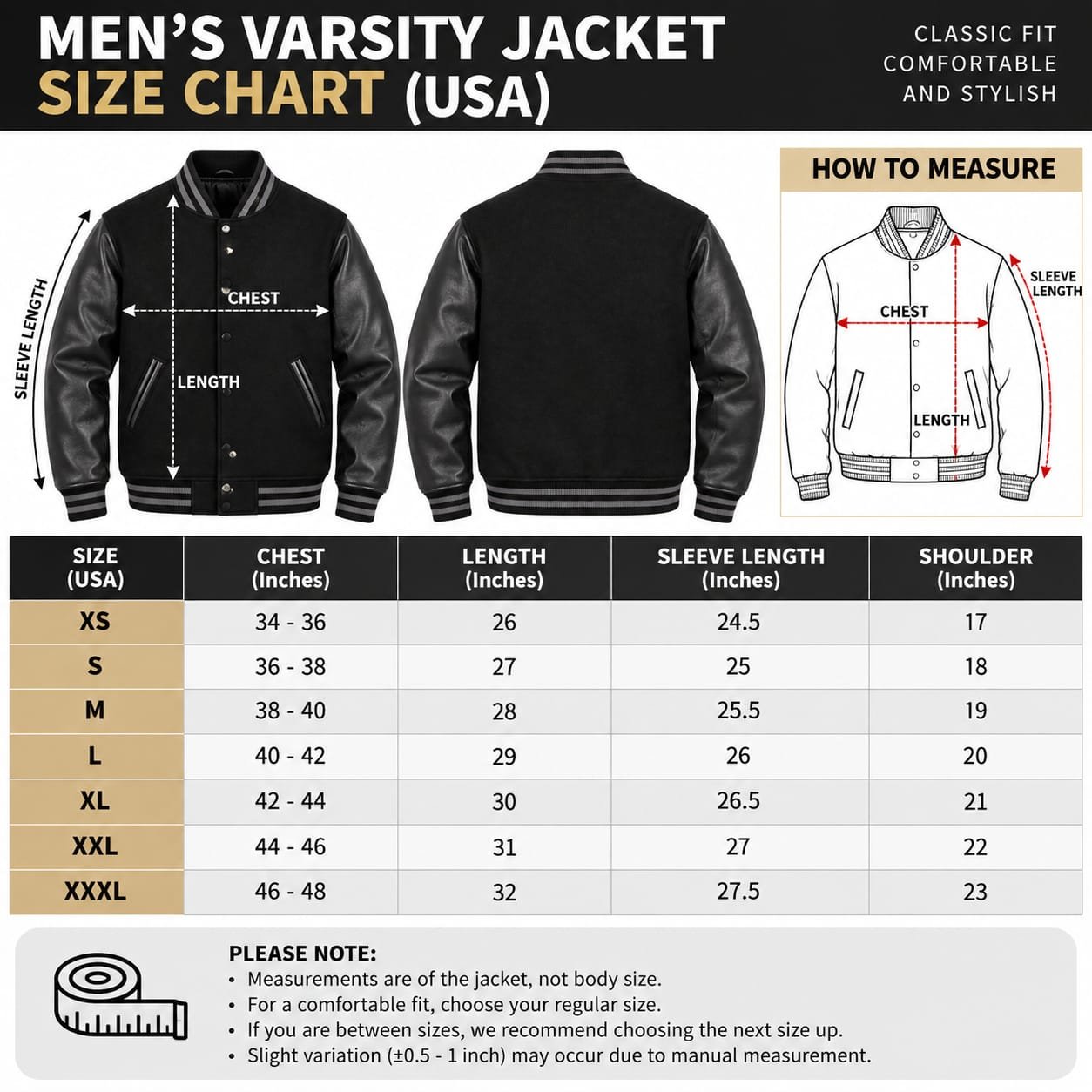 Black leather varsity jacket with black wool body, leather sleeves, gray striped ribbed collar, cuffs and waistband, snap-button front, and angled leather-trimmed pockets