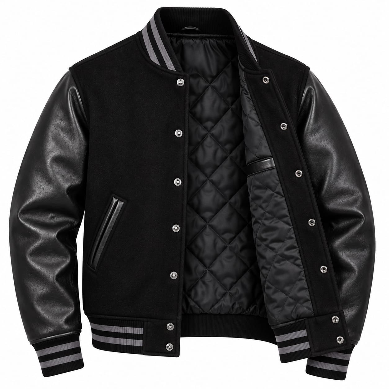 Black Varsity Wool and Leather Jacket with Striped Trim - Image 3