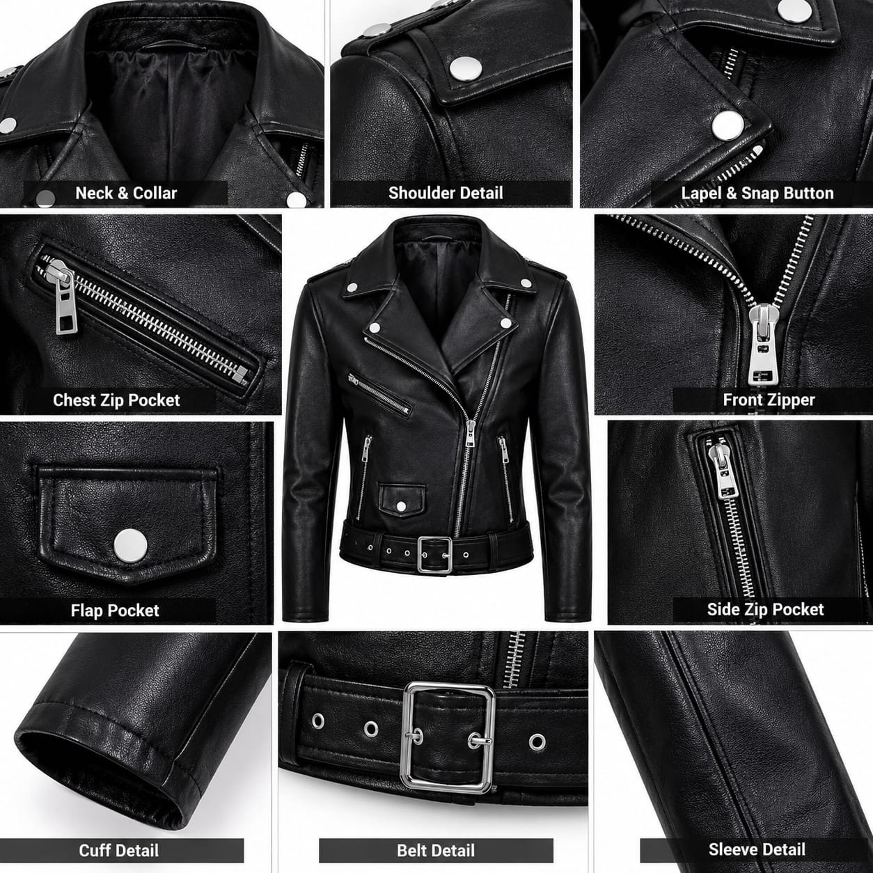 Women’s black leather biker jacket with lapel collar, multiple zippered pockets, snap-button details, and adjustable waist belt.