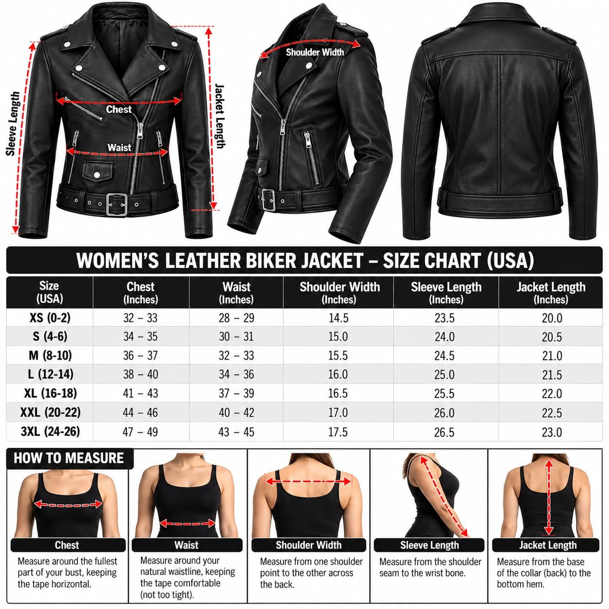 Women’s black leather biker jacket with lapel collar, multiple zippered pockets, snap-button details, and adjustable waist belt.