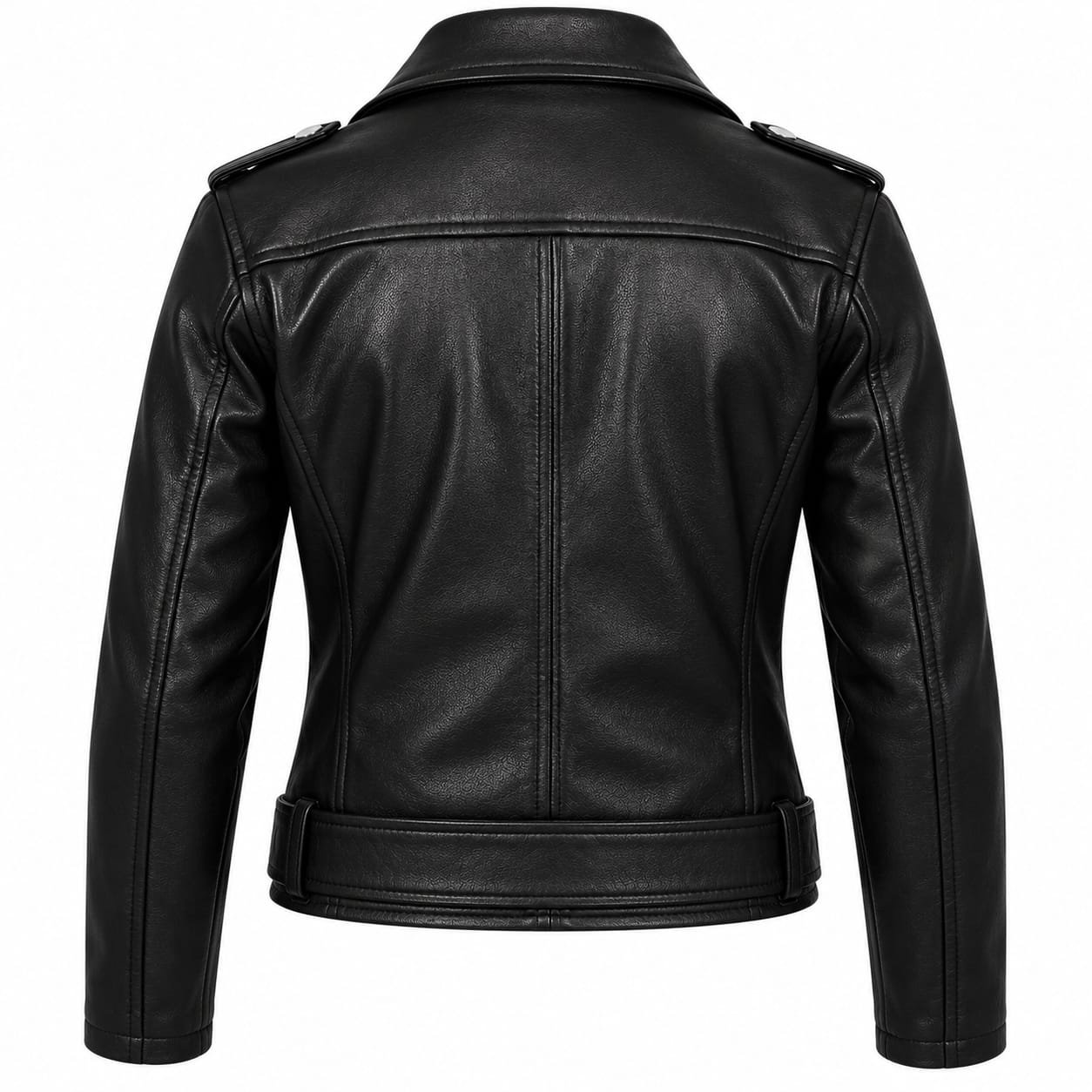 Women’s black leather biker jacket with lapel collar, multiple zippered pockets, snap-button details, and adjustable waist belt.