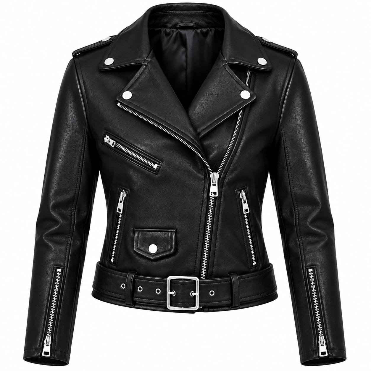 Women’s Black Leather Biker Jacket with Belt | Classic Motorcycle Jacket