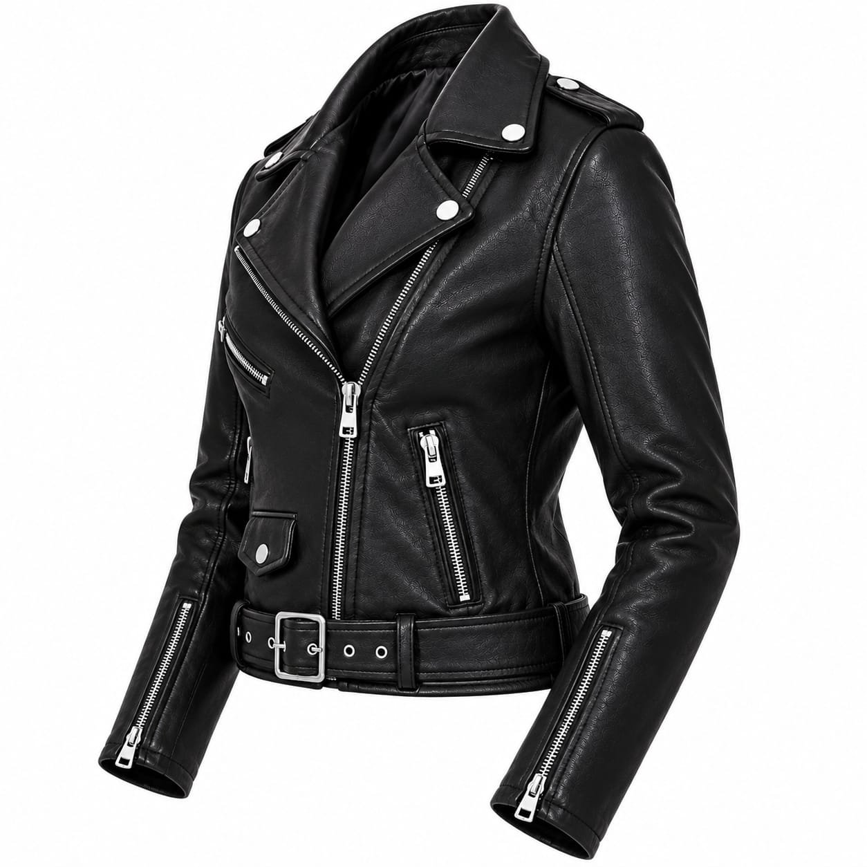 Women’s Black Leather Biker Jacket with Belt | Classic Motorcycle Jacket - Image 4
