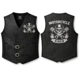 Black Leather Biker Vest with Motorcycle Rider Skull Graphic