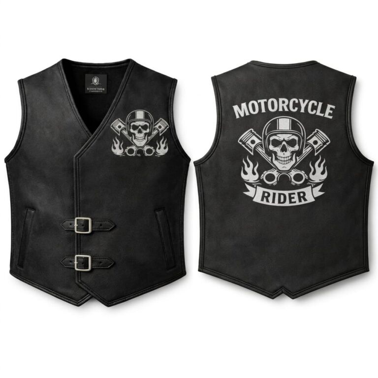 Black Leather Biker Vest with Motorcycle Rider Skull Graphic