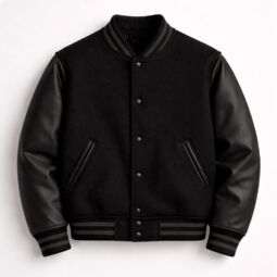 Black varsity jacket with wool body and leather sleeves, button closure, striped trim