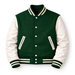 Green athletic wool varsity jacket with white leather arms and striped cuffs front view