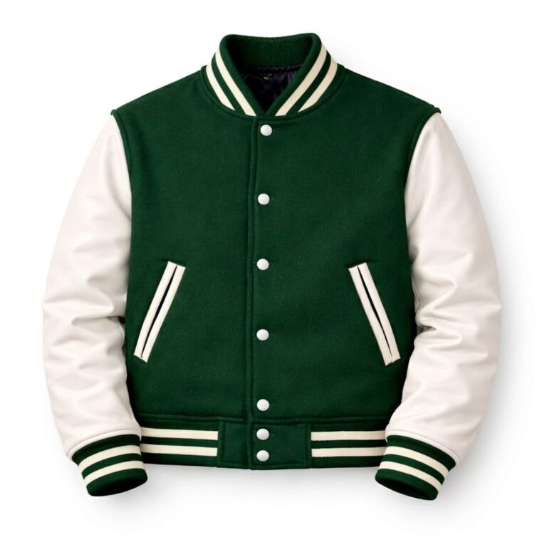 Green athletic wool varsity jacket with white leather arms and striped cuffs front view