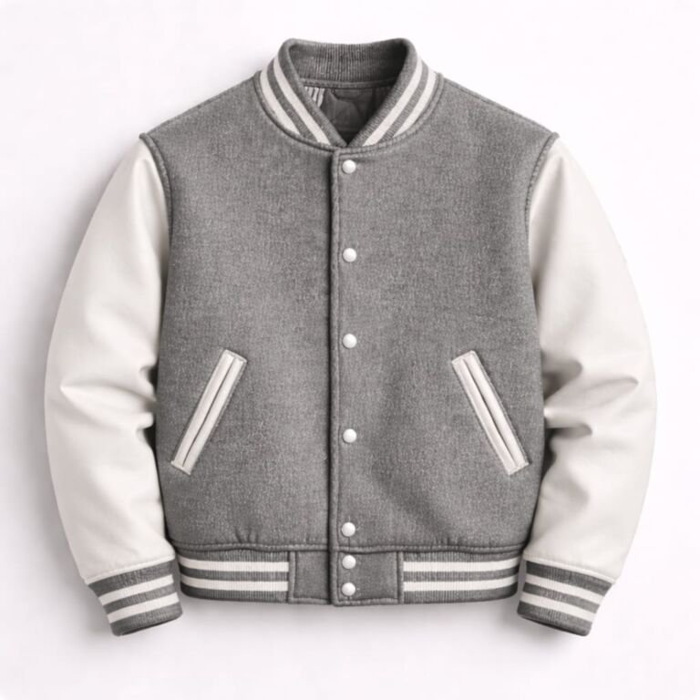 Grey varsity jacket with wool body and white leather sleeves