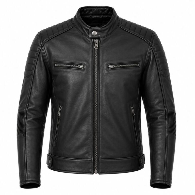 Classic Black Leather Biker Jacket with Zipper and Ribbed Trim