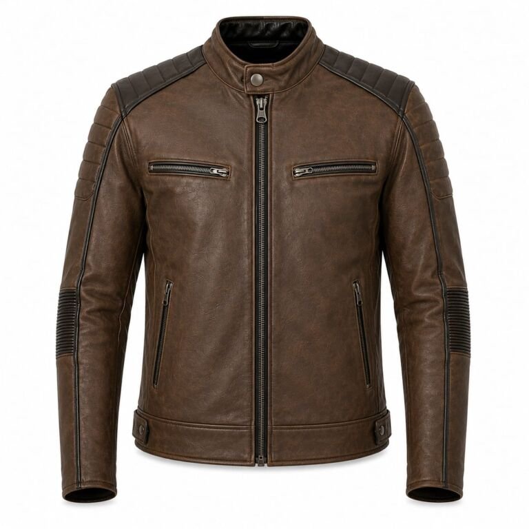 Brown Quilted Leather Biker Jacket with Zipper Front View