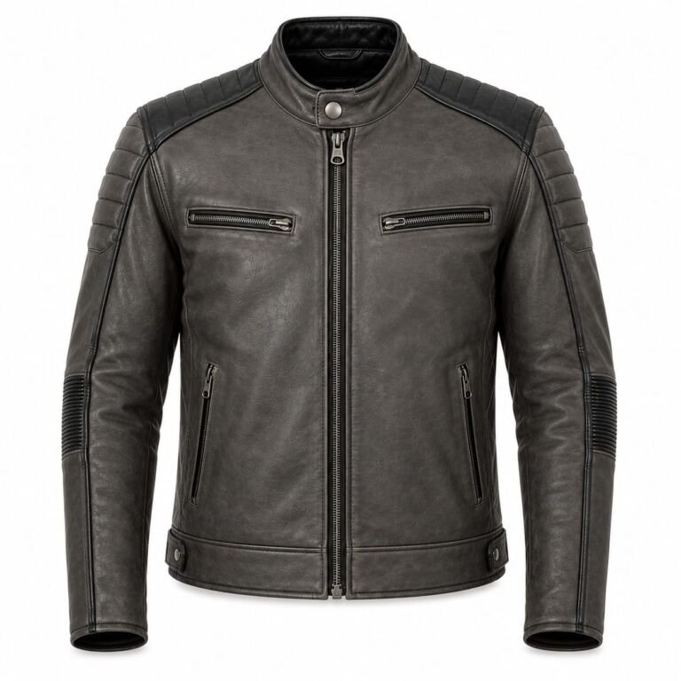 Men's Gray Quilted Leather Biker Jacket front view