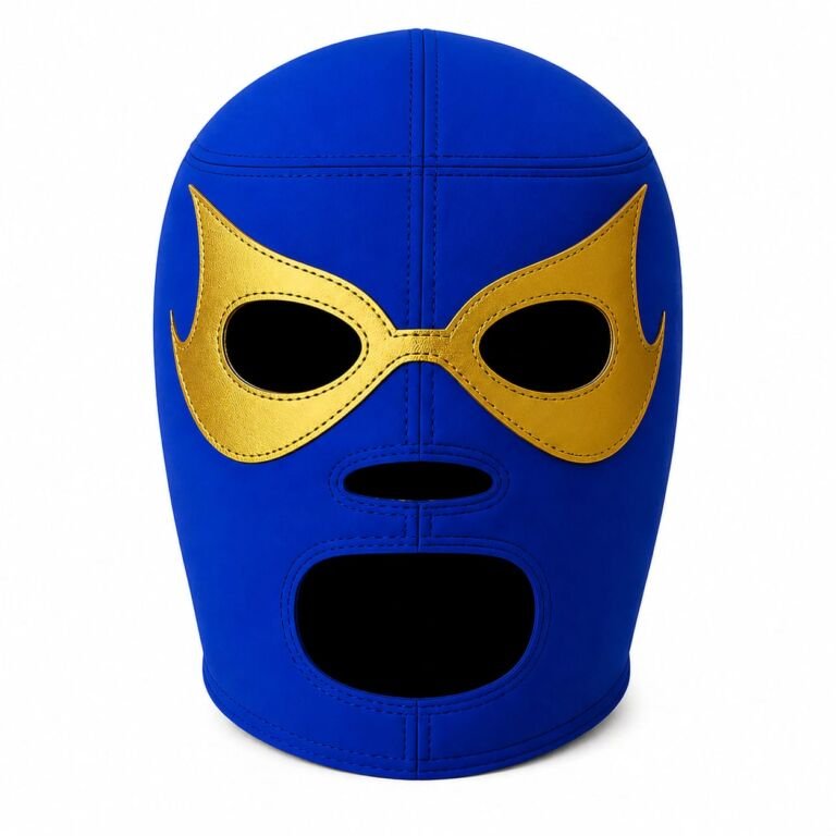 Blue wrestling mask with gold accents front view