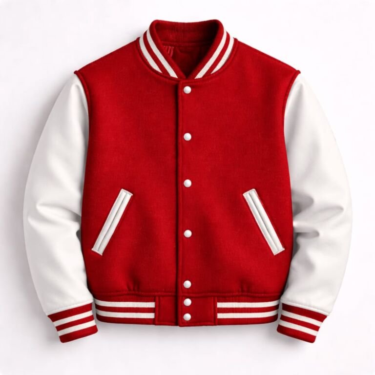 Red varsity jacket with white leather sleeves and striped trim