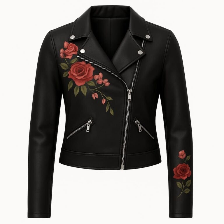 Black women's biker leather jacket with red rose embroidery front view